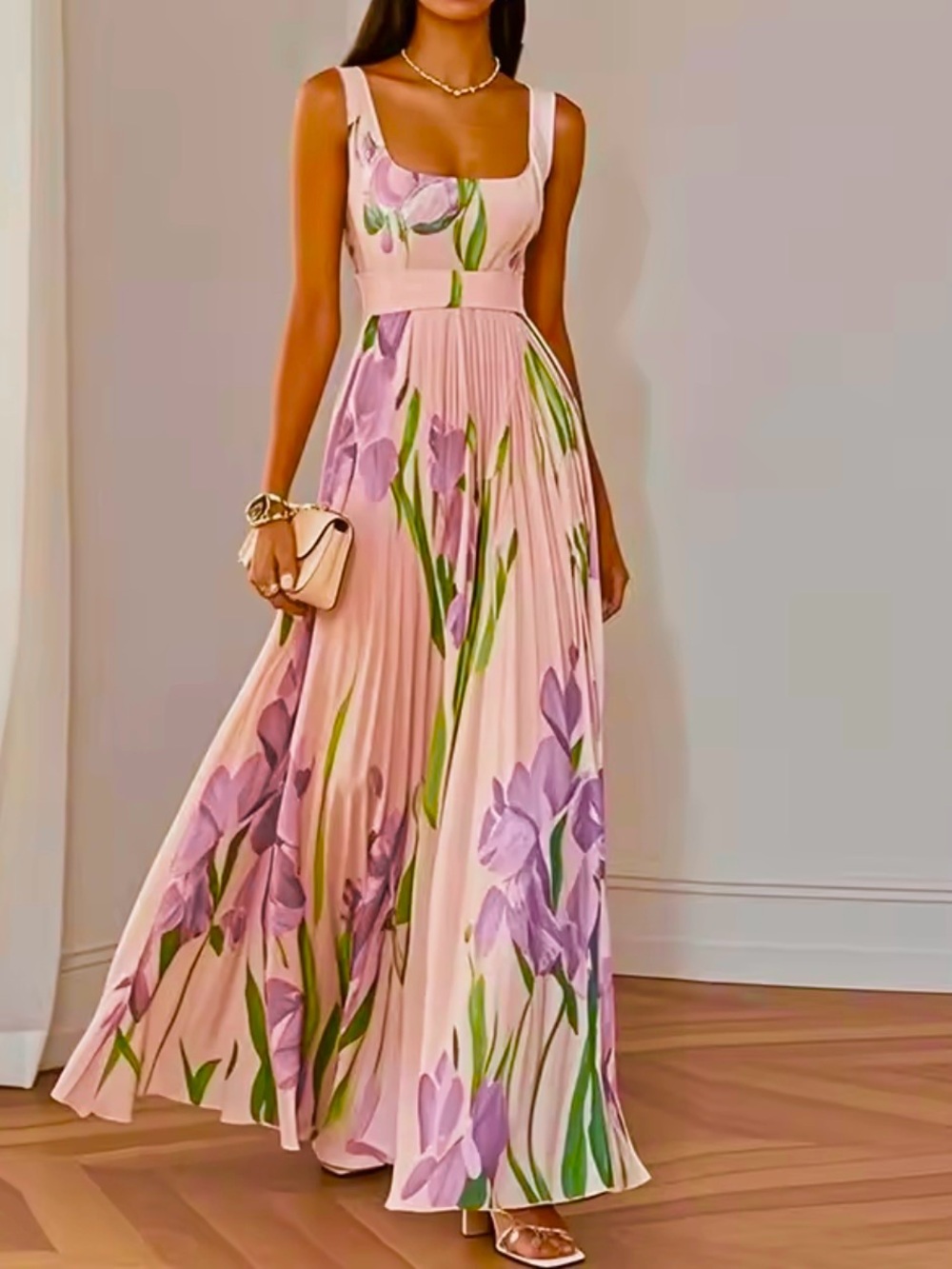 Pink Floral NWOT Sleeveless Wedding guest pleated Dress w tie belt